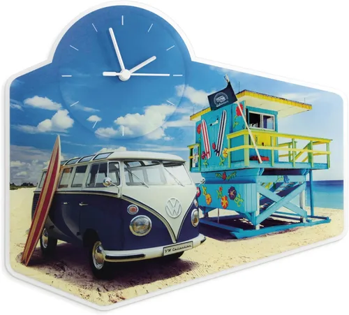 BRISA VW Collection - Reloj de cuarzo de pared retro vintage de vidrio acrílico, diseño de autobús T1 (vida playera/multicolor)