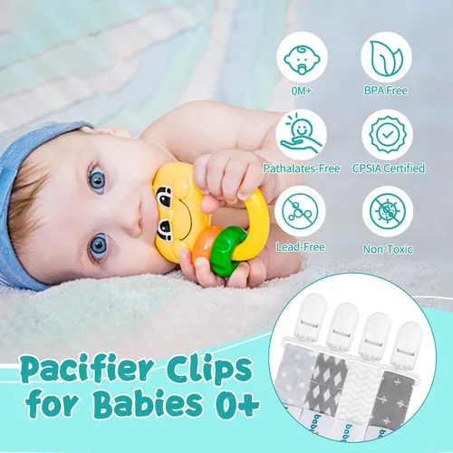 Miniatura 2 de Babygoal Clips neutros para chupete, paquete de 4 unidades con asa para chupetes y baberos, se adapta a la mayoría de chupones y baberos 4PS07-B