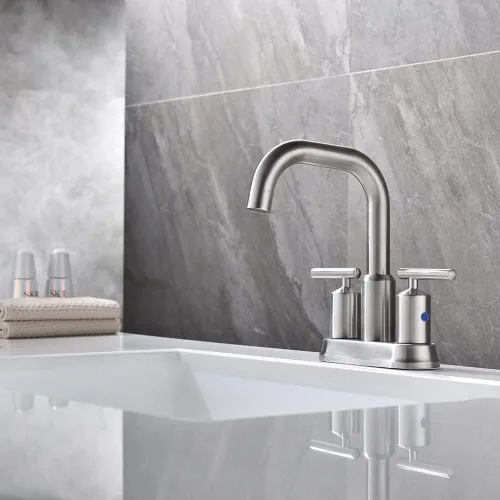 Miniatura 3 de Grifo de baño de níquel cepillado de 4 pulgadas y 2 manijas para fregadero de 3 agujeros, grifo de fregadero de baño central con ensamblaje