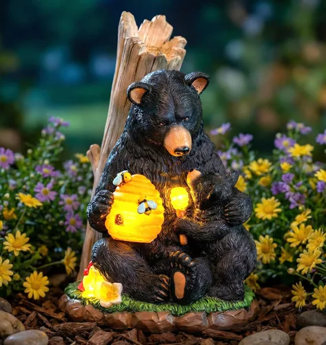 Candieslife Estatua de jardín de oso solar con colmena brillante y cachorro, figura LED para exteriores, decoración para patio, césped, arte de