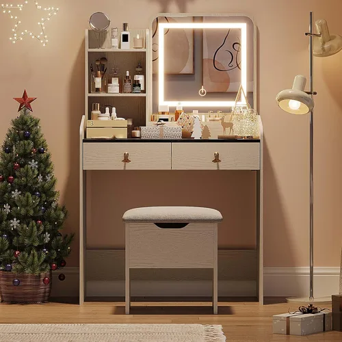 Miniatura 10 de GarveeHome Escritorio de tocador con espejo de luz LED y estación de carga, pequeño juego de mesa de tocador de maquillaje con cajones