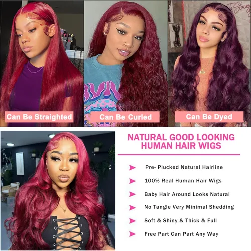 Miniatura 4 de ZGWG Pelucas de cabello humano con encaje frontal de color rojo, densidad del 180%, 13x6, 99J, pelucas de cabello humano virgen brasileño 12A