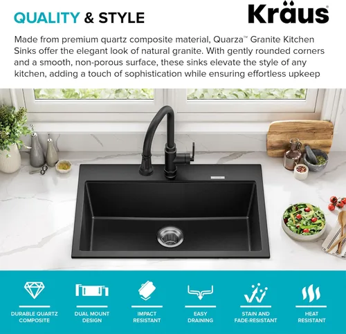 Miniatura 2 de KRAUS Quarza - Fregadero de cocina de granito de instalación empotrada/sobre encimera de un solo seno de 31 pulgadas en ónix negro, KGD-412B