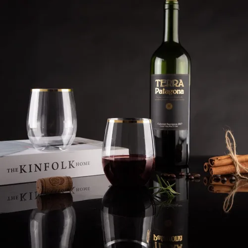 Miniatura 4 de SUT Paquete de 32 copas de vino de plástico con borde dorado de 12 onzas, sin tallo, desechables con calidad premium, reutilizables, irrompibles