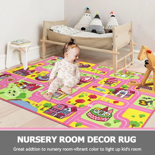 Miniatura 5 de Capslpad Alfombra para niños para sala de juegos, alfombra de juego rosa para tráfico, carretera, automóvil, alfombra de juego de 5.2 x 3.3 pies