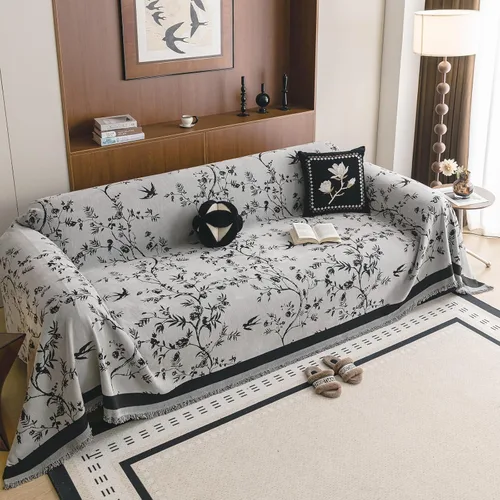 Miniatura 17 de HANDONTIME Funda para sofá para perros lavable con estampado floral de pájaros para sofás y sillones, funda de sofá negra con flores de jacquard