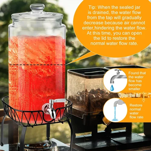 Miniatura 3 de Honeydak Dispensador de bebidas de vidrio de 3 galones para fiestas, dispensador de bebidas de vidrio con soporte y espita a prueba de fugas