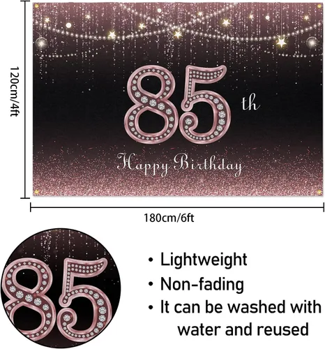 Miniatura 2 de HAMIGAR Fondo de pancarta de feliz cumpleaños 85 de 6 x 4 pies, decoraciones de cumpleaños de 85 años, suministros de fiesta para mujeres, oro rosa