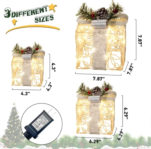 Miniatura 4 de PEIDUO Cajas de regalo iluminadas de Navidad, juego de 3, decoraciones de regalo al aire libre, paquetes debajo del árbol para interiores, fiestas