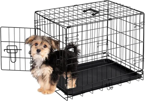 Miniatura 13 de Sweetcrispy Jaula para perros de 48 pulgadas, jaulas medianas y grandes de doble puerta plegable de alambre de metal con bandeja de plástico a