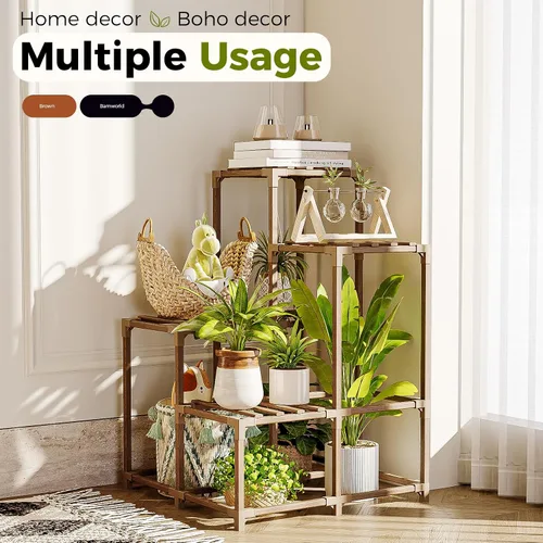 Miniatura 7 de Bamworld Soporte para plantas para interiores y exteriores, estante de esquina para plantas, soporte para 4 macetas, soporte para flores, estante