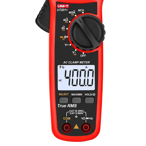 Miniatura 3 de UNI-T Abrazadera digital UT201+, corriente CA True RMS HVAC Volt Amp Ohm medidor abrazadera en multímetro, rango automático 4,000 cuentas NCV AC DC