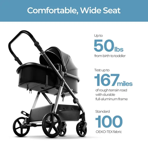 Miniatura 3 de Mompush Cochecito de bebé, convertible 2 en 1 con opción de moisés, compatible con asiento de automóvil infantil, incluye adaptador, cochecito Negro