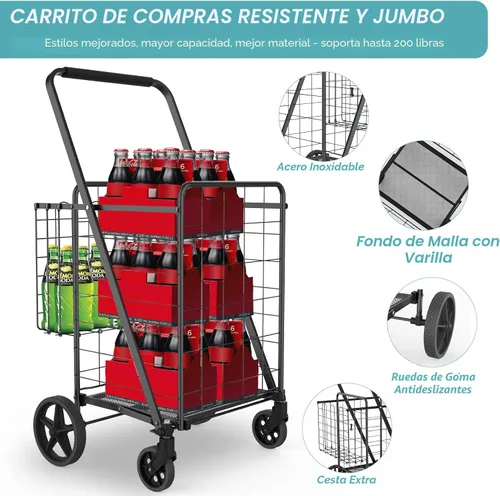 Miniatura 8 de Carrito de compras con capacidad de 150 kg para comestibles, carrito de comestibles jumbo mejorado con forro impermeable, ruedas giratorias de 360°