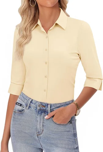 Miniatura 12 de siliteelon Camisas con botones para mujer, manga 3/4, elástica, ajustada, sin arrugas, cuello para negocios, trabajo, tops