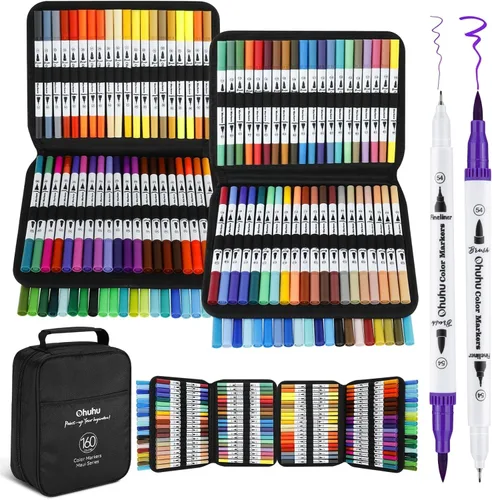 Ohuhu Marcadores para colorear para adultos, sin sangrado, 160 colores a base de agua, doble punta fina y marcadores para colorear con pincel para