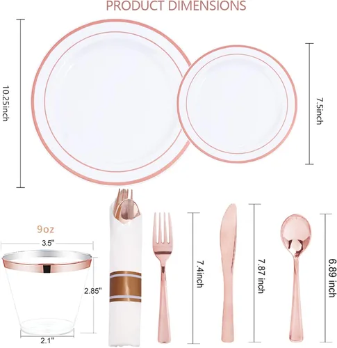Miniatura 2 de WELLIFE - Vajilla de plástico en color oro rosa, 350 piezas, 50 platos desechables con cubiertos oro rosa, tazas de 10 onzas y 50 servilletas