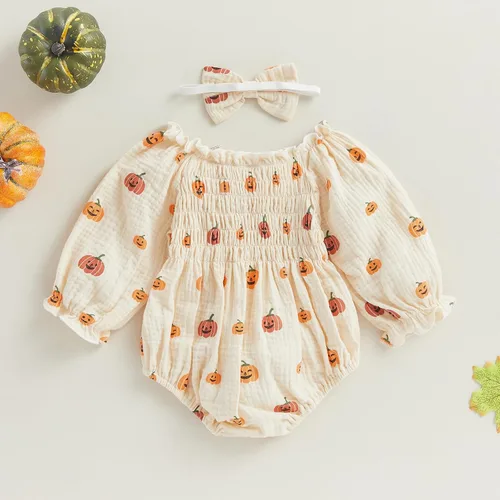 Miniatura 3 de Traje de Halloween para bebé recién nacida, disfraz de calabaza de manga larga de algodón y lino, enterizo con diadema