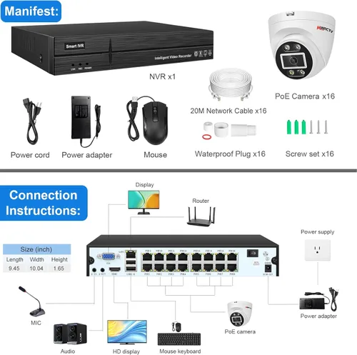 Miniatura 8 de MWRCTV Sistema de cámara de seguridad PoE 4K, cámaras PoE domo con cable de 16 x 8MP para seguridad del hogar, lente gran angular de 0.110 in, luz