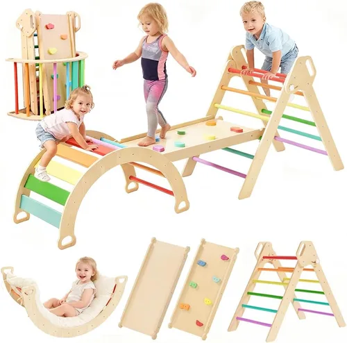 Juego de triángulo Pikler grande con almohadón, gimnasio de la jungla plegable de 7 en 1 con rampa y arco, juguetes de escalada montessori de madera