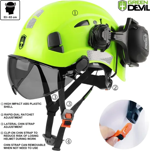 Miniatura 4 de CASCO DE SEGURIDAD CON VISERA Y OREJERAS BLUETOOTH GREEN DEVIL Casco Duro de Trabajo con Protección Completa, Ventilado, Casco de Construcción ANSI