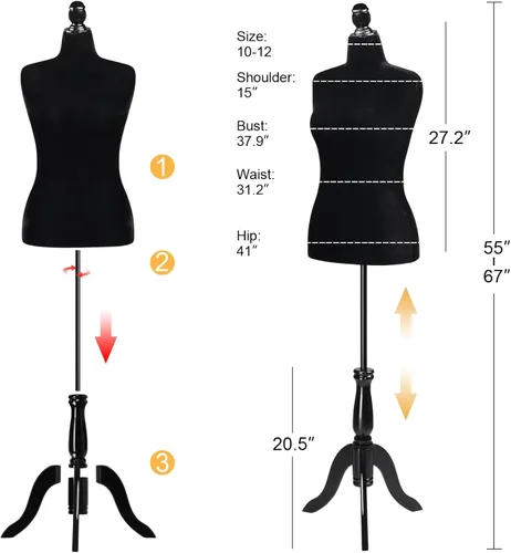 Miniatura 2 de Bonnlo Forma de Vestido Femenino Tamaño 10-12, Torso de Altura Ajustable con Soporte de Trípode Mejorado, Maniquí de Tamaño Mediano para Costura