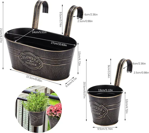 Miniatura 2 de PerGar Paquete de 3 macetas de metal para exteriores, macetas colgantes de 10.6 pulgadas con ganchos desmontables y agujeros de drenaje, jardineras