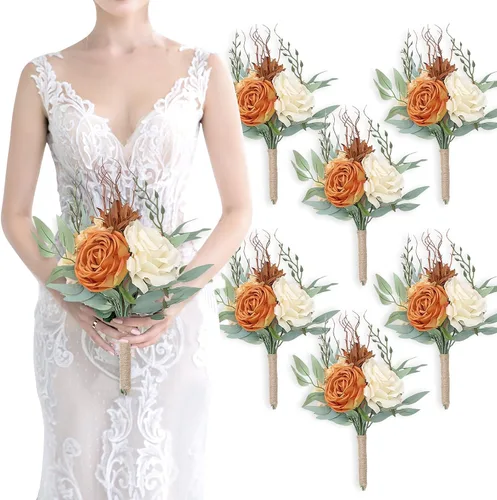 Ramos de dama de honor para boda, juego de 6 ramos de flores artificiales para decoración de otoño, boda, propuesta de matrimonio, fiesta, Naranja