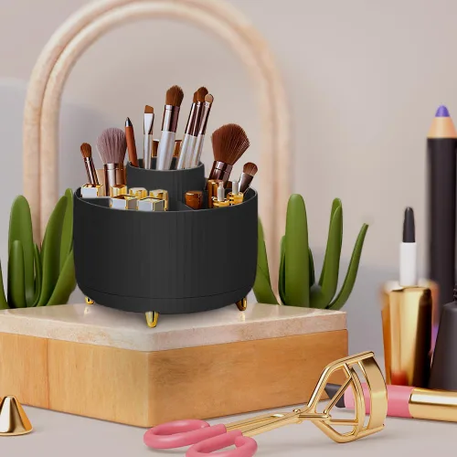 Miniatura 2 de WILL OAK Organizador de brochas de maquillaje, organizador de brochas de maquillaje giratorio de 360°, 5 ranuras para cosméticos, esmalte de uñas
