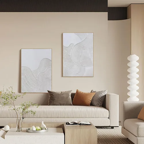 Miniatura 3 de Pintura de Arte de Pared Abstracta Neutra Enmarcada - Decoración de Pared de Lienzo Abstracto Grande con Ilustraciones de Curvas 3D Pintado a Mano