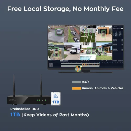 Miniatura 7 de xmartO Kit de cámara inalámbrica de 4 lentes duales, sistema de seguridad de largo alcance de malla WiFi6 de 8 vistas, NVR de doble banda 4K de 16