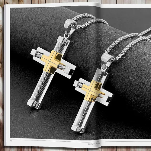 Miniatura 3 de JUNOVUROS Juego de collar de cruz para hombre grande y pequeño con 5 cadenas Rolo y 1 pulsera cubana, regalo de joyería religiosa con cruz
