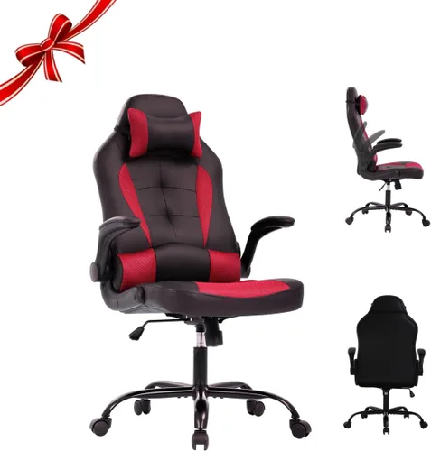 Miniatura 12 de Sillas de juegos para adultos, silla giratoria de piel sintética, ajustable, con soporte lumbar, reposabrazos abatibles, reposacabezas para adultos