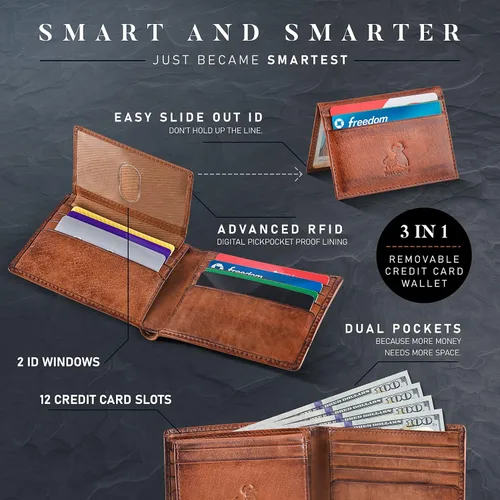 Miniatura 3 de BULL GUARD Cartera de cuero Rfid Los respetados caballeros plegables delgadas para hombres Bloqueo RFID seguro de viaje Cartera de cuero de grano