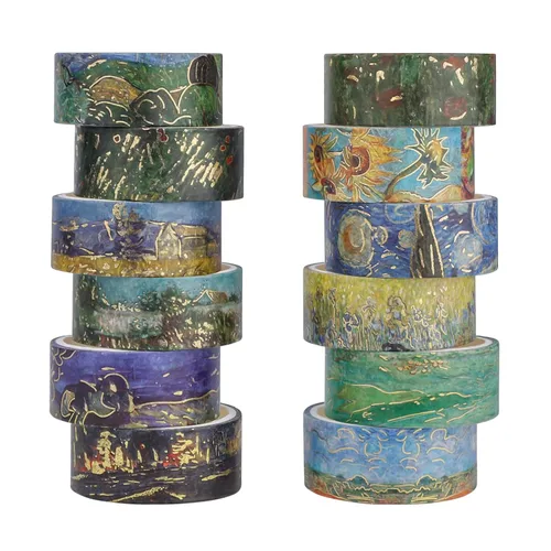 Miniatura 8 de Lychii Juego de Cinta Washi, 12 Rollos de Cinta Adhesiva de Oro con Patrones de Pintura al Óleo de Van Gogh de 5M/16.4Pies de Largo, Cintas art