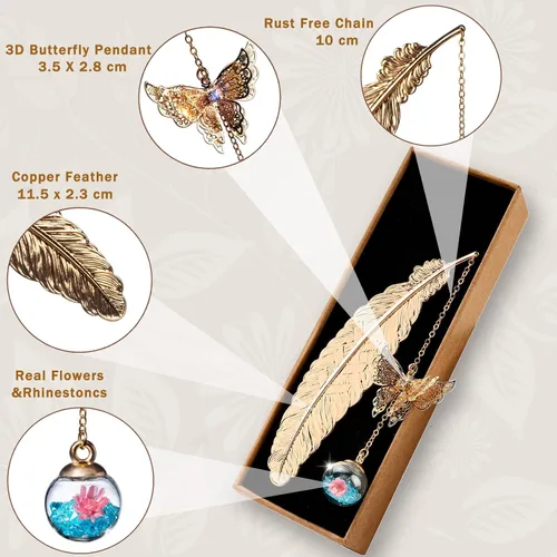 Miniatura 6 de Toirxarn Marcapáginas de Pluma Dorada para Mujeres con Colgante de Mariposa y Caja de Regalo – Ideal para Amantes de los Libros, Bibliotecarios