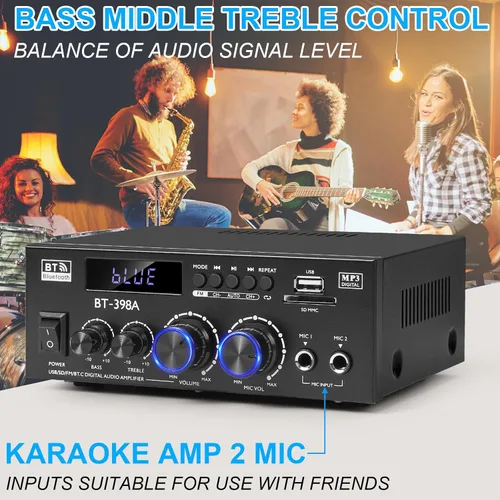 Miniatura 7 de Romica Amplificador de audio estéreo, 2 canales 450W+450W Bluetooth 5.0 amplificador de potencia de cine en casa con radio FM, USB, SD, entradas