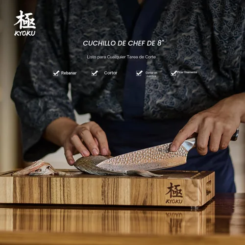 Miniatura 2 de Cuchillo de chef KYOKU - 8" - Cuchillo de cocina estilo japonés de la serie Shogun, hoja de Damasco martillada con núcleo de acero VG10 - con funda