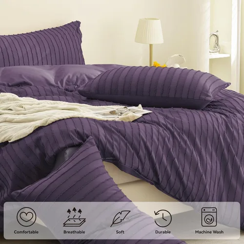 Miniatura 4 de JELLYMONI Funda de edredón tamaño individual morado - Juego de 3 piezas de funda de edredón bohemia a rayas de poliéster con textura copetuda Rayas