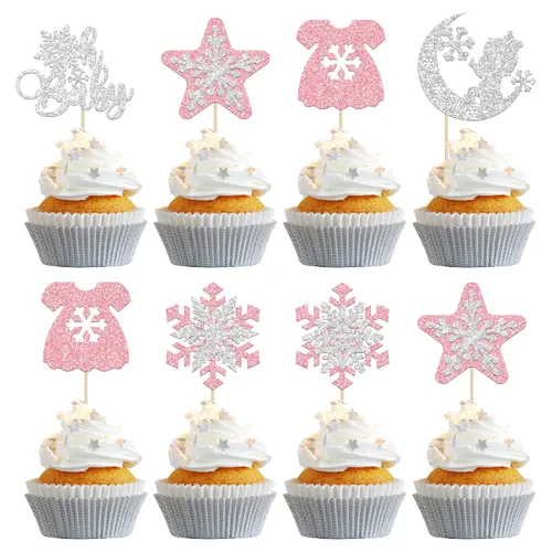 Miniatura 18 de Gyufise Paquete de 24 adornos de copos de nieve Oh Baby para cupcakes con purpurina azul Frozen Oh Baby Pick Decoraciones para baby shower