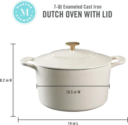 Miniatura 2 de MARTHA STEWART Gatwick - Horno holandés de hierro fundido esmaltado de 7 cuartos de galón, lino blanco con oro, horno holandés resistente para Lino