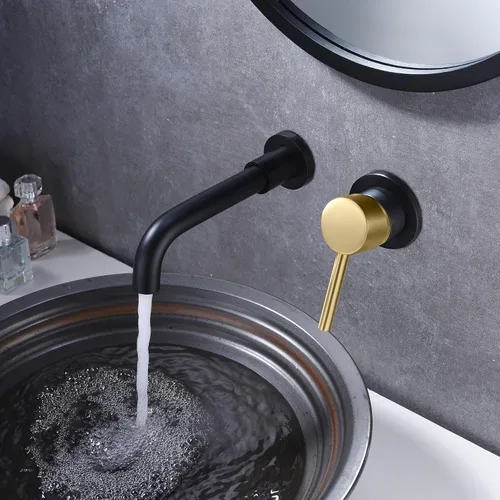 Miniatura 4 de SUMERAIN Grifo de baño de montaje en pared negro y dorado Grifo de montaje en pared para lavabo de baño, con dos manijas y válvula de instalación
