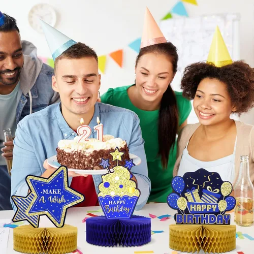 Miniatura 6 de Gersoniel 9 piezas de decoración de mesa de feliz cumpleaños, centros de mesa de panal de abeja con purpurina, decoración de fiesta azul y dorada
