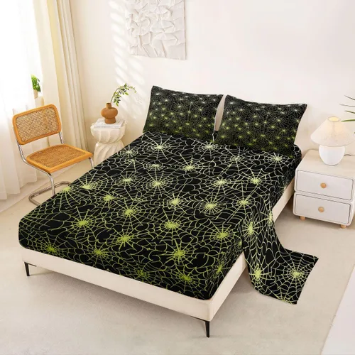 Miniatura 11 de Erosebridal Sábanas de Telaraña Juego de Sábanas Feliz Halloween Juego de Ropa de Cama de Líneas Rayas Geométricas Tamaño King Sábana Plana Amarillo