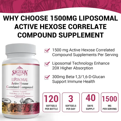 Miniatura 3 de Suplemento correlacionado de hexosa activa liposomal de 1500 mg, 120 geles blandos beta-glucanos con extracto de hongos naturales, sistema