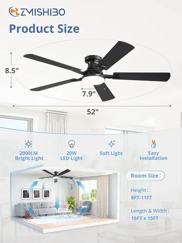 Miniatura 7 de ZMISHIBO Ventilador de techo de 52 pulgadas con luz, aplicación y control remoto, perfil bajo de montaje empotrado, luz LED regulable de 20 W, motor