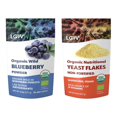 Paquete – 2 artículos: Polvo orgánico de arándanos silvestres LOOV y copos de levadura nutricional orgánica no fortificada