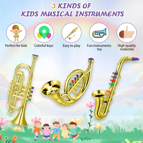 Miniatura 3 de Treela Juego de 3 instrumentos musicales, saxofón, trompeta y cuerno para principiantes, 3 instrumentos musicales de viento y latón, combo