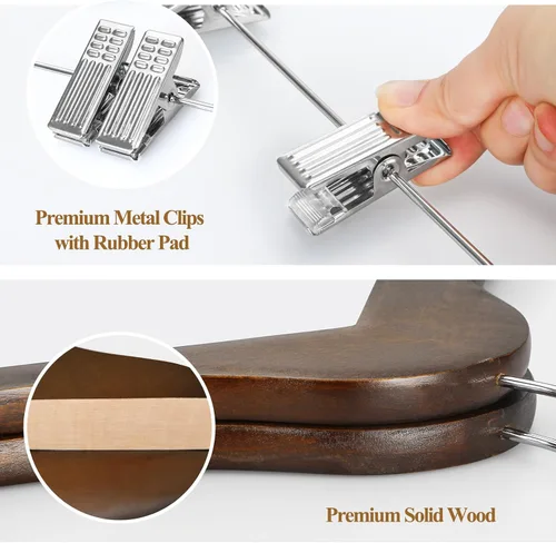 Miniatura 2 de TOPIA HANGER Perchas de madera para trajes con clips de metal ajustables (paquete de 10), perchas de ropa de madera maciza, gancho giratorio