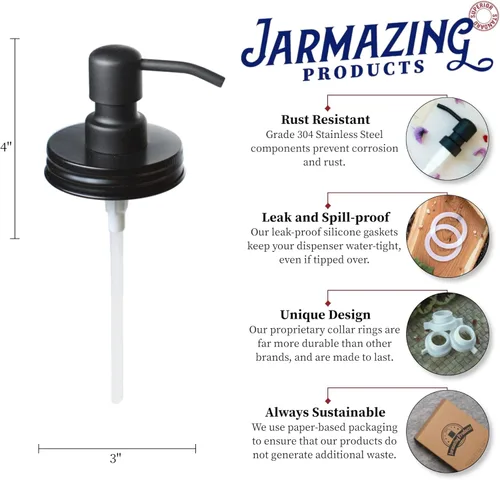 Miniatura 2 de Jarmazing Products Tapas dispensadoras de jabón para tarros de masón negro, paquete de un paquete, para todos los frascos de conservas de boca Acero